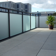 Viking fully framed split rail glass balustrade with frosted glass for privacy