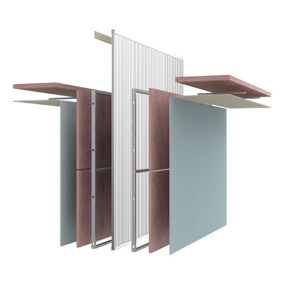 Apartment wall system providing STC 69 and FRR -/120/120, with steel framing and 13mm GIB Noiseline® or equivalent each side. Fire protection provided by 78mm KOROK panel.