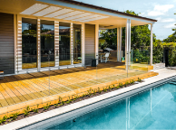 Clearline Pool Fence with Wooden Cover plate. External view.