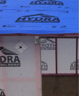 HYDRA Roof Underlay shown installed on cabin roof framing, with bright blue colour and HYDRA branding